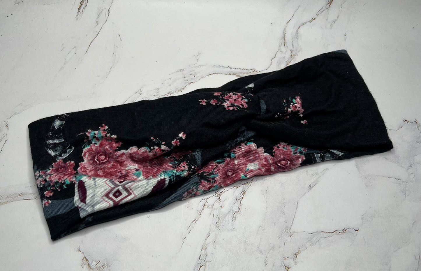 Floral Bullhead on Black Twist Headband